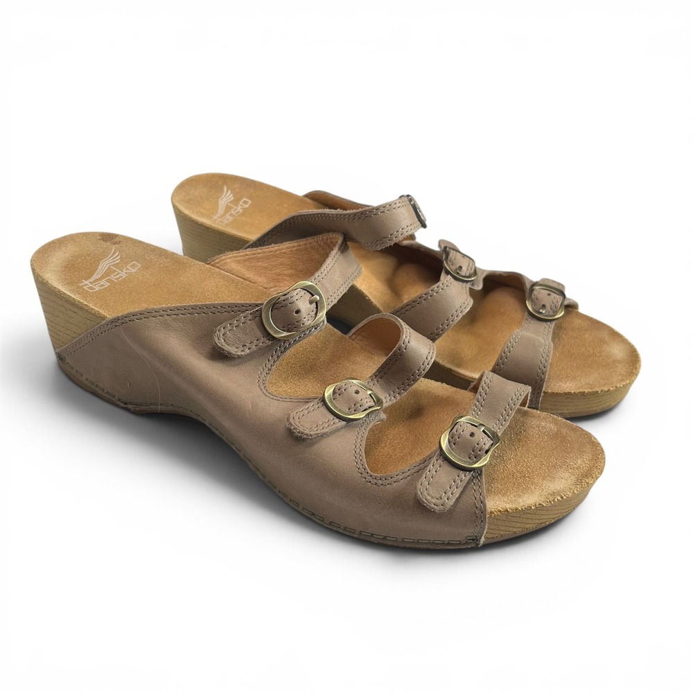 Dansko Tarin Wedge Sandals Women's 10.5 Taupe Leather Buckle Comfort Walking